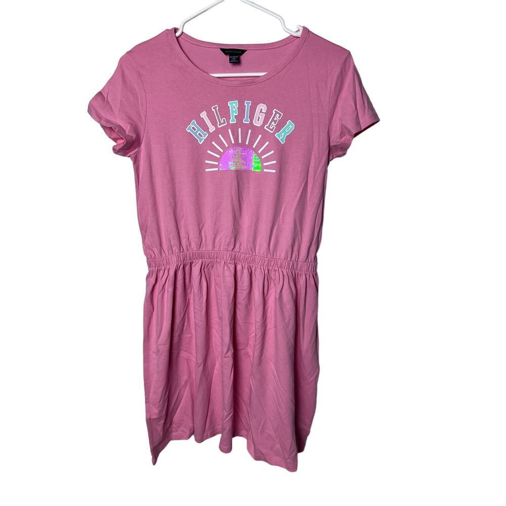 Tommy Hilfiger Girl's Logo Sequin Sunshine Dress Size Youth XL Pink Short Sleeve